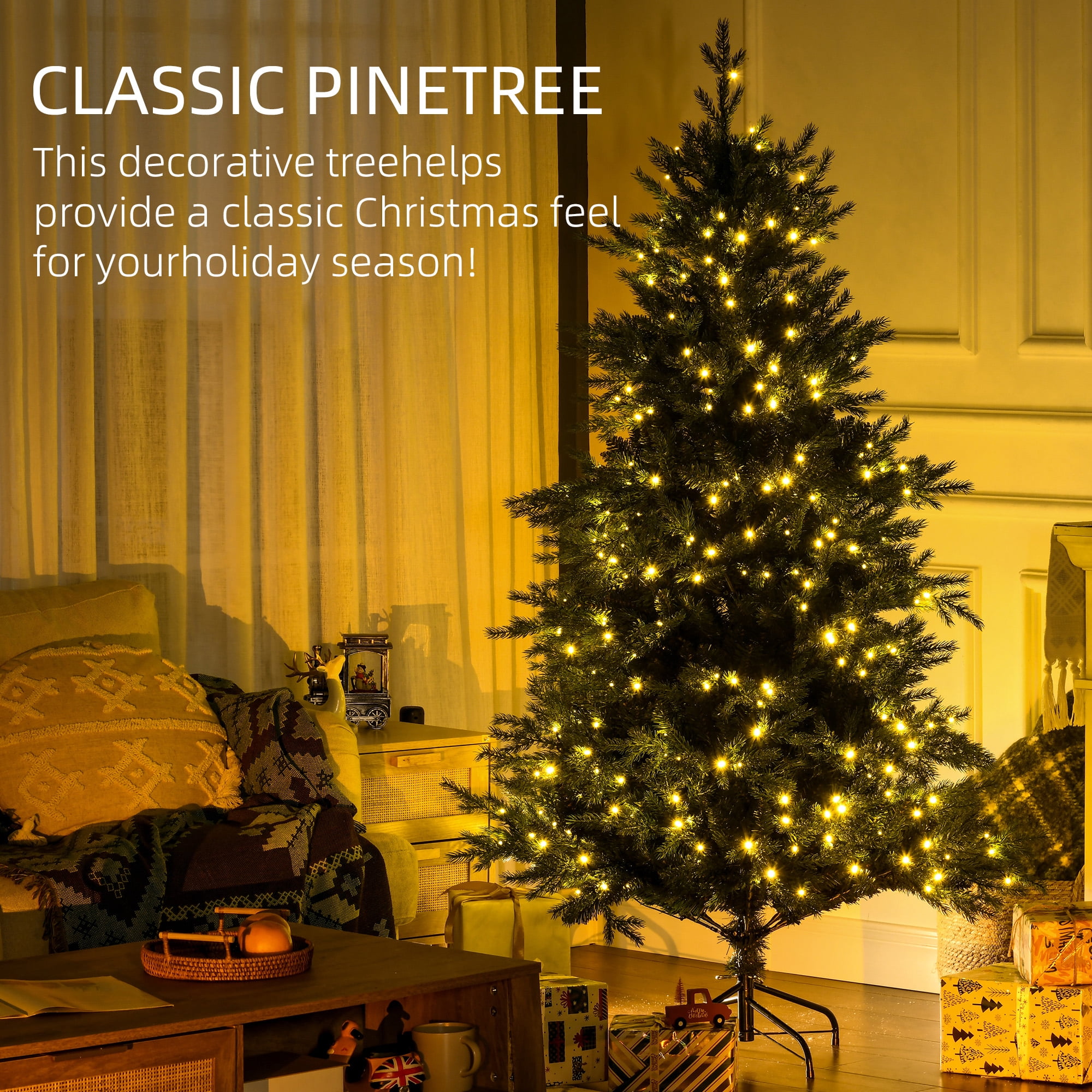 6FT Green Real Tree Shape Artificial Christmas Tree, 2328 Tips 400 Warm White LEDs 8 Modes, Hinge Section Auto-Opening Branches, Flame Retardant Steel Base, Indoor Holiday Decor