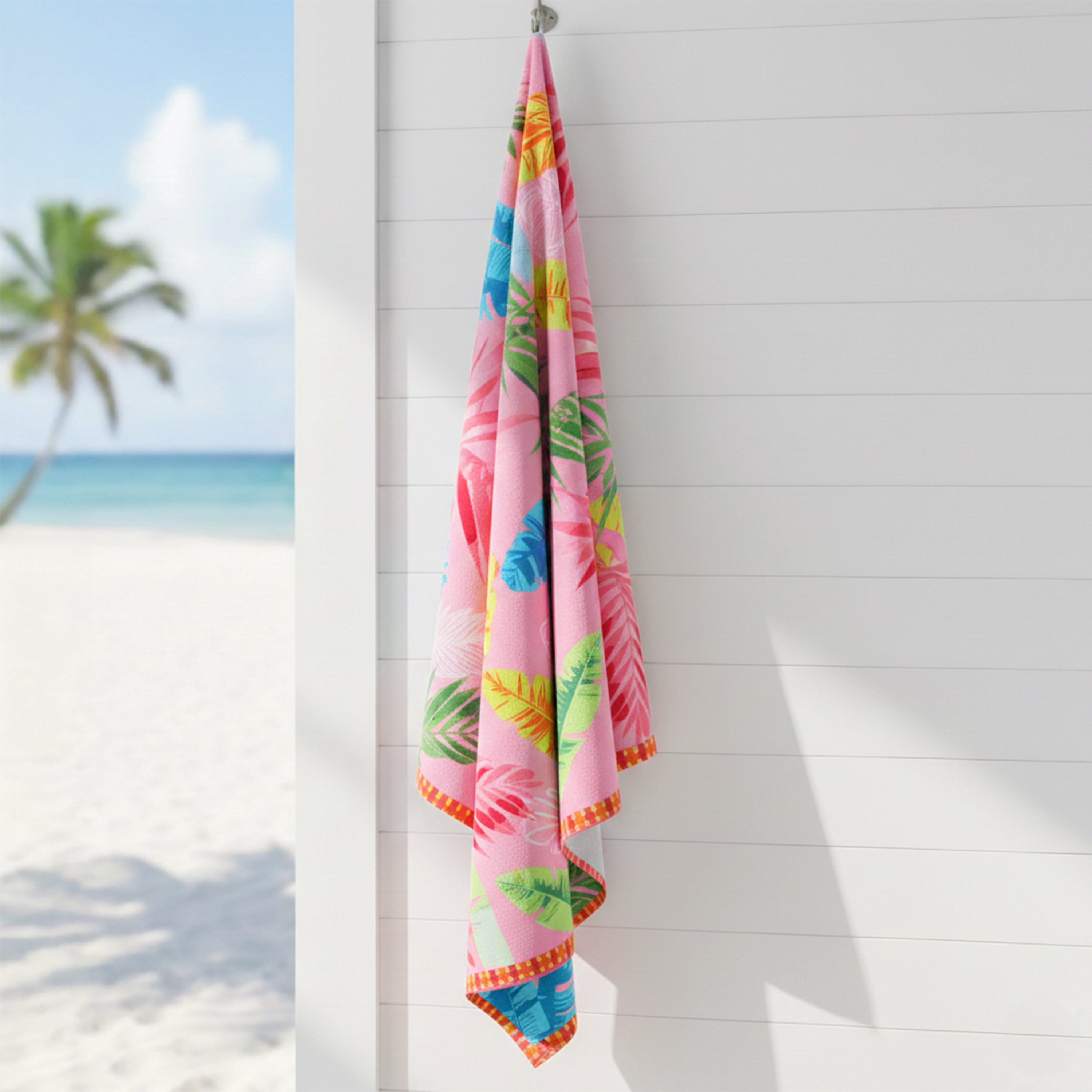 Printed Oversized Pink Palm Beach Towel, Soft Cotton, 34 x 64 Inches