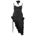 thumbnail image 2 of PENGXIANG Women‘s Summer Slim Sling Dress Solid Color Sleeveless Halter Irregular Ruffle Flower Decor Dress, 2 of 7