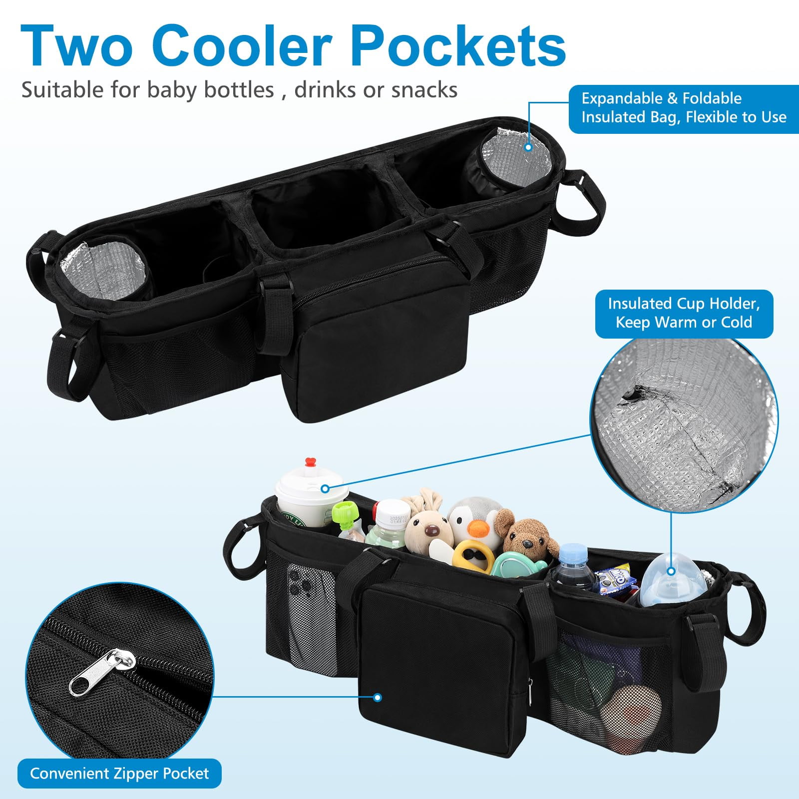 Double Stroller Organizer Double Baby Stroller Accessories with Pockets, Parent Console Double Jogging Stroller Organizer(Empty Bag)