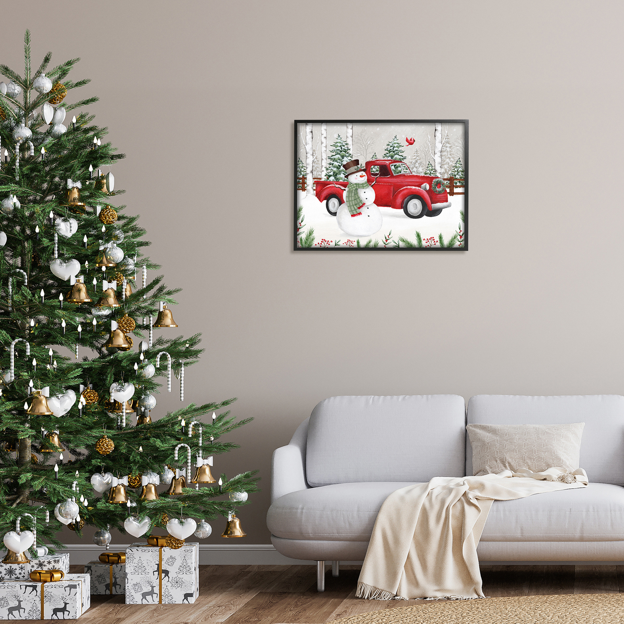 Winter Wonderland Snowman Cardinal Snowy Red Truck Transportation Painting Framed Art Print Wall Art