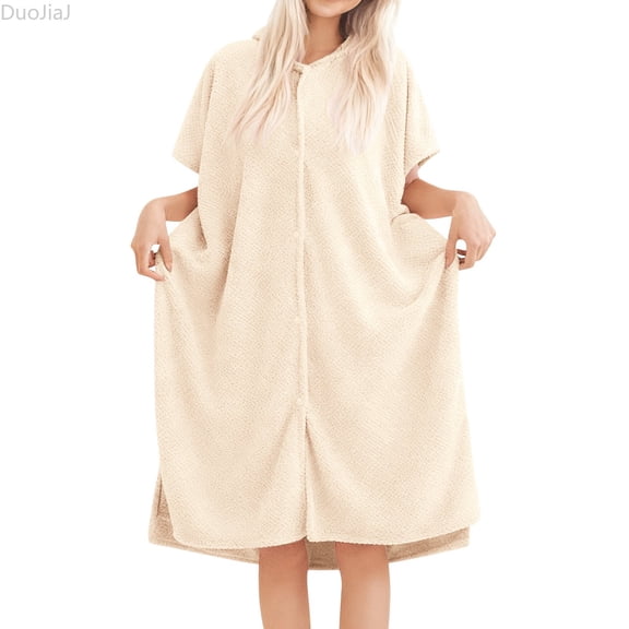 DuoJiaJ Soft Hooded Bathrobe Cozy Flannel Cloth Kimono Robe For Winter Loungewear With Pockets And Long Sleeves Womens Sleepwear Beige One Size