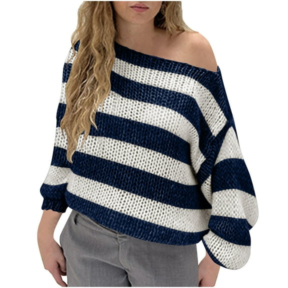 Drses Orange and White Striped Sweater for Women Crew Neck Long Sleeve Color Block Oversized Knitted Pullover Sweaters