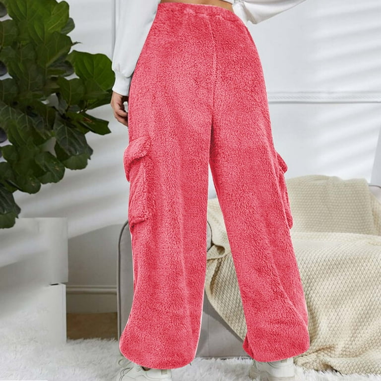 AherBiu Women Fleece Fluffy Pants Pajamas Straight Leg Loose
