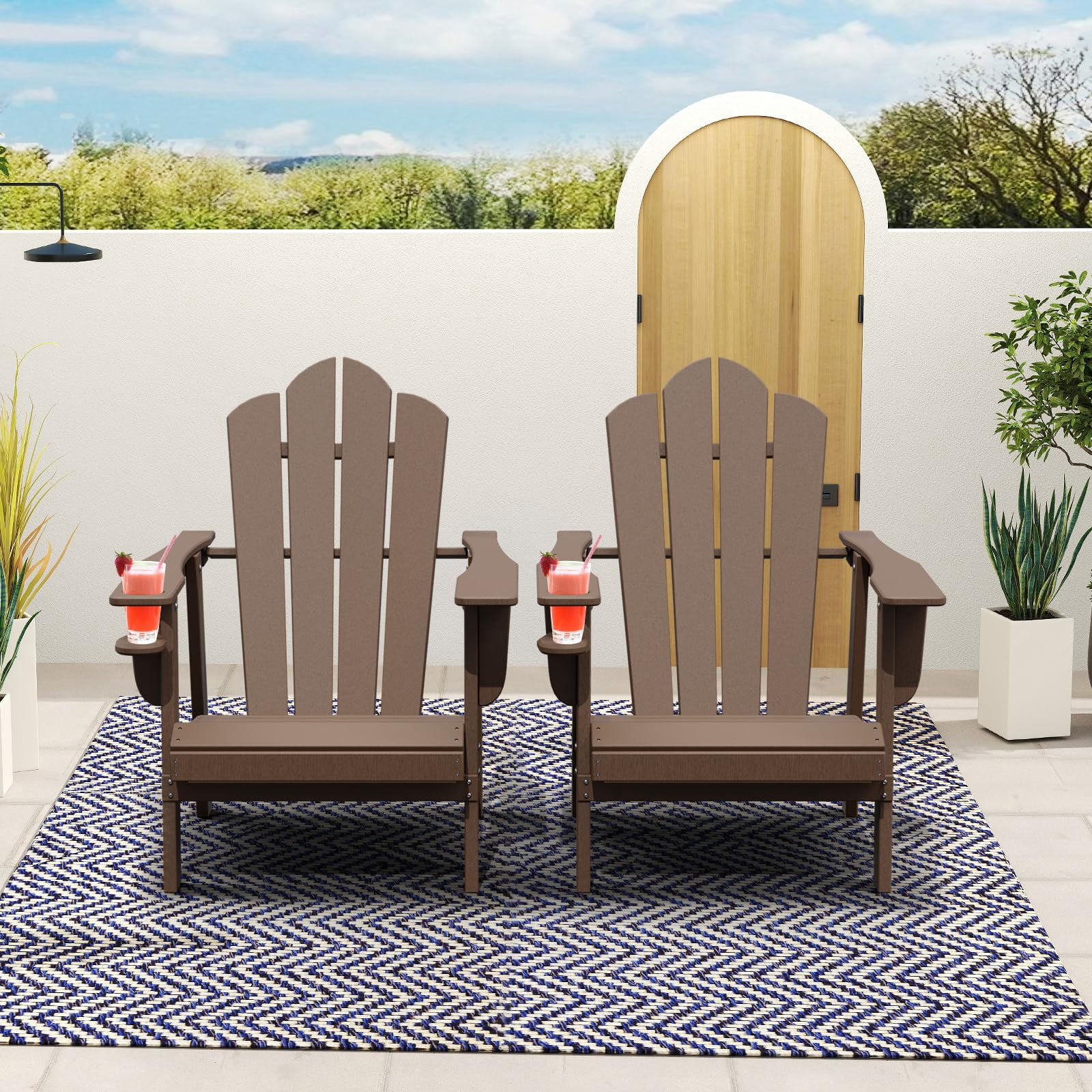 Tappio HDPE Adirondack Chair Set of 2, Patio Seat All Weather Outdoor Patio Chair with Cup Holder for Lawn Yard Fire Pit, Brown