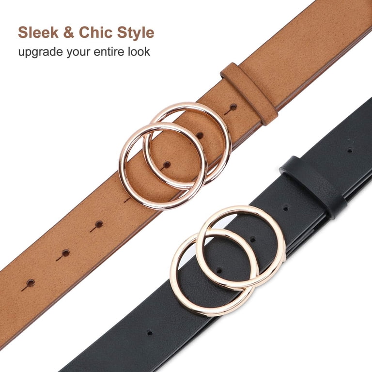 Women Leather Belt Fashion Double O-Ring Soft Faux Leather 