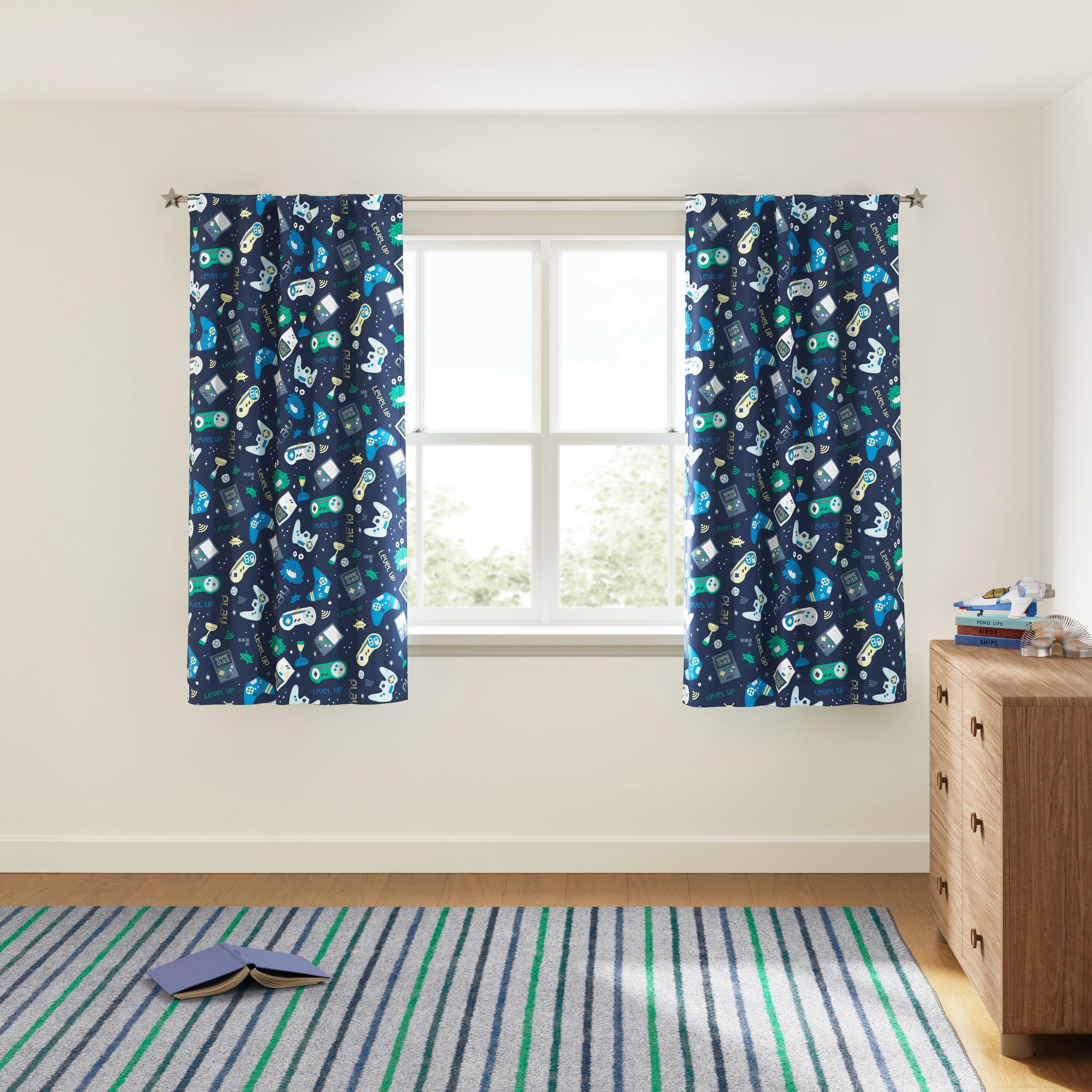 Mainstays Kids Blackout Curtain Panel, Glow-in-the-Dark Gamer Print, Rod Pocket with Back Tabs, Navy Blue, 38 in x 63 in