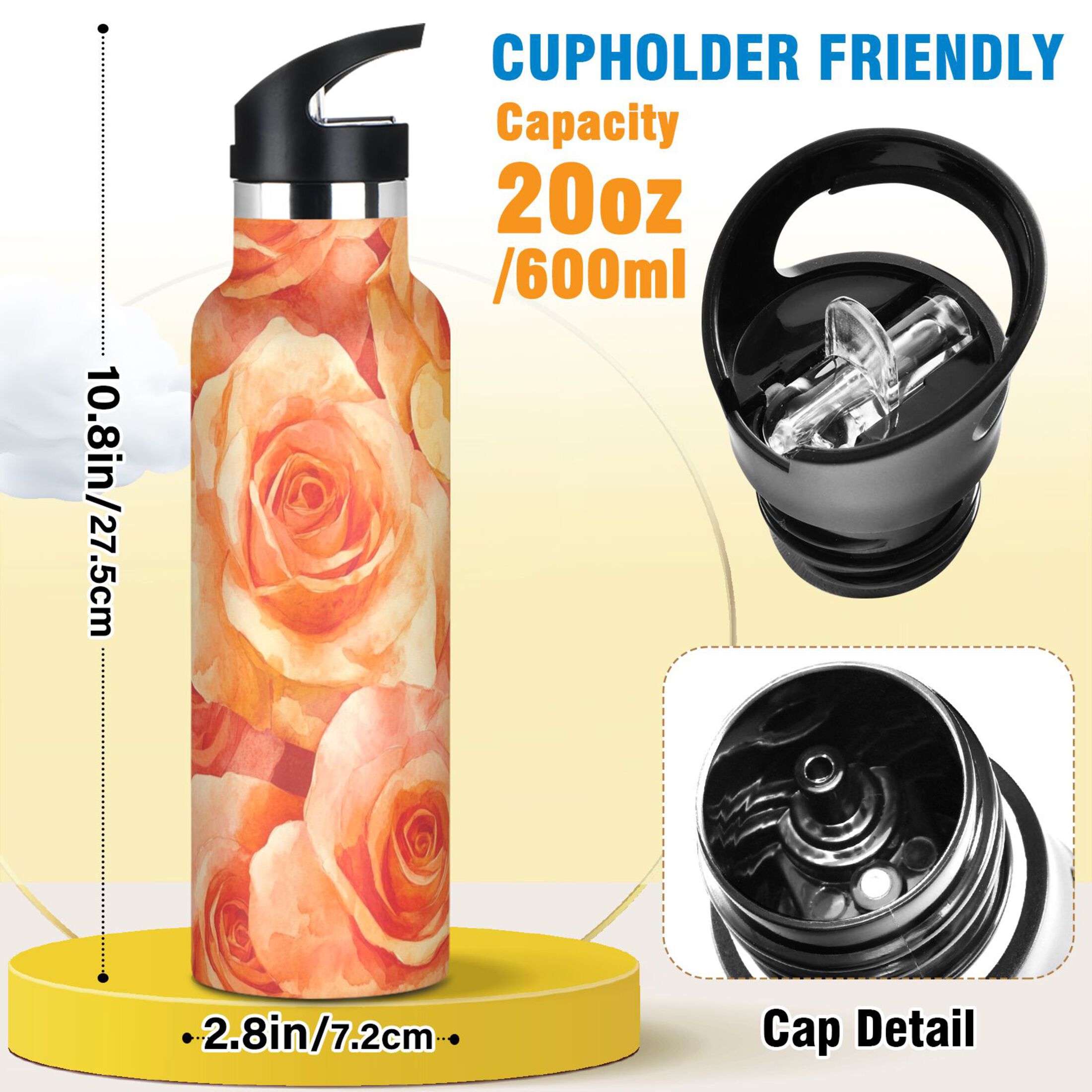 600ML Stainless Steel Insulated Cup Sports Water Bottle Portable Thermos Cup Water Glasses Insulated Tumblers Convenient and Durable Cartoon Orange Roses