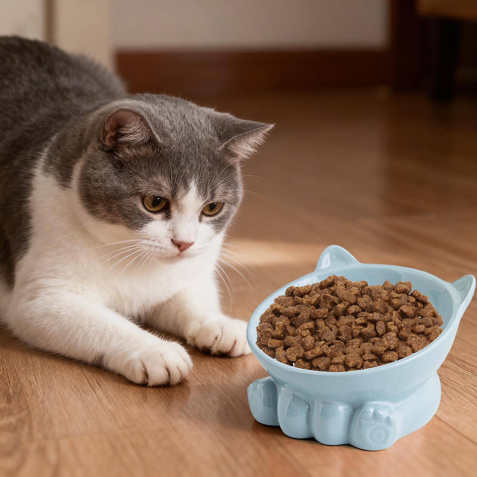 Cute Anti-Choke Cat Bowl with Cervical Spine Protection, Non-Spill and Non-Tip Design, Prevents Black Chin, Ceramic Material