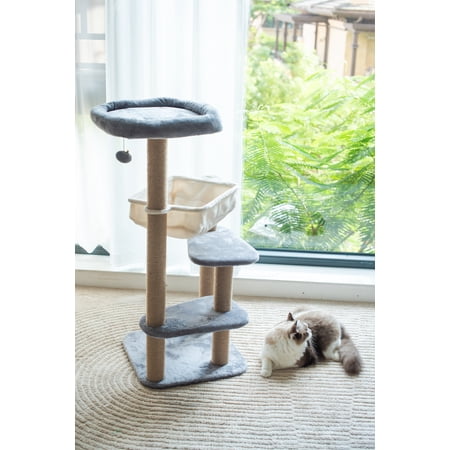 Kohola Bay 42 inch Gray & White Medium Cat tree with Hammock Jute Rope Scratching Post Cat Tower Climbing Cat Furniture with Free Cat Teaser as Bonus