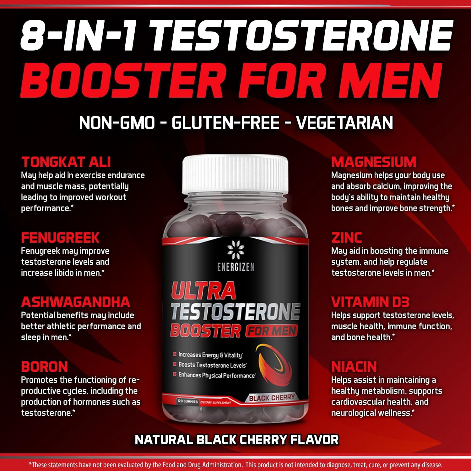 8 in 1 Testosterone Booster for Men with Tongkat Ali, Fenugreek, Ashwagandha and Magnesium - Improve Libido & Hormonal Balance, Non GMO Made in the USA, Black Cherry, 120 Count Gummies for Men