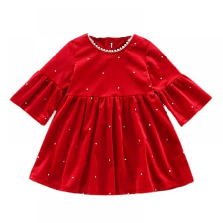 

Girls Dresses Autumn Girl Newborn Clothes Long Sleeve Pearl Doll Collar Elegant Evening Princess Dress Kids Children Clothing