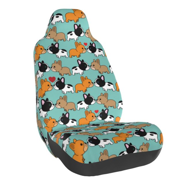 Wukai Cute French Bulldog Full Set Car Seat Covers with Soft Padding Universal Auto Front Seats Protector and Cushion Mat