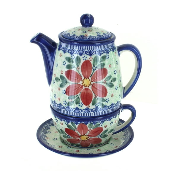 Blue Rose Polish Pottery Poinsettia Tea For One