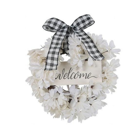 Tyeign Buffalo Plaid & White Dogwood Wreath, 16" Faux Floral Spring Door Hanger with Welcome Sign, Farmhouse Front Porch Wall Window Décor, Year-Round Indoor Outdoor Gift, 1*Wreath