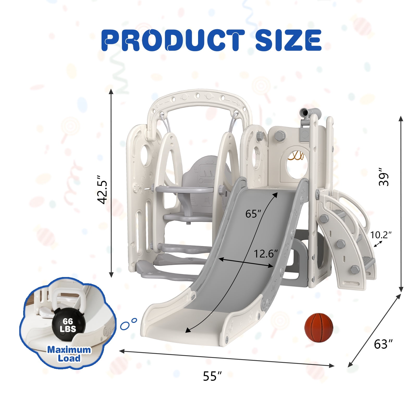 Kinsuite 7-in-1 Toddler Swing & Slide Set - Kids Slide for Toddlers 1-3 with Basketball Hoop, Swing, Ball, Storage Space & Telescope, Indoor & Outdoor Playground Playset (Grey)