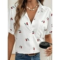 thumbnail image 5 of Women'S Cherry Print Short Sleeve Blouse Collar Button Down Textured Casual Shirts White S, 5 of 9