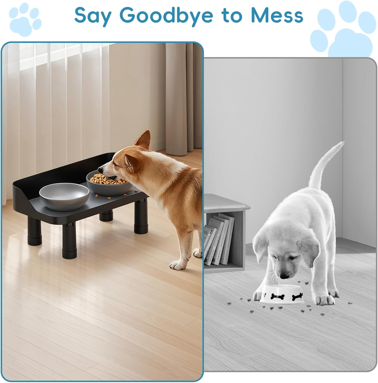 Flymer Elevated Dog Food Bowl Stand - Adjuastable Raised Dog Feeding Station with Splash Gard 16"W Pet Cat Food Table for Large Dogs