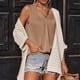 thumbnail image 3 of Camiseta sin mangas con cuello en V para mujer Color puro Acabado satinado Top sin mangas de satén de moda Color liso Caqui XXL, 3 of 6