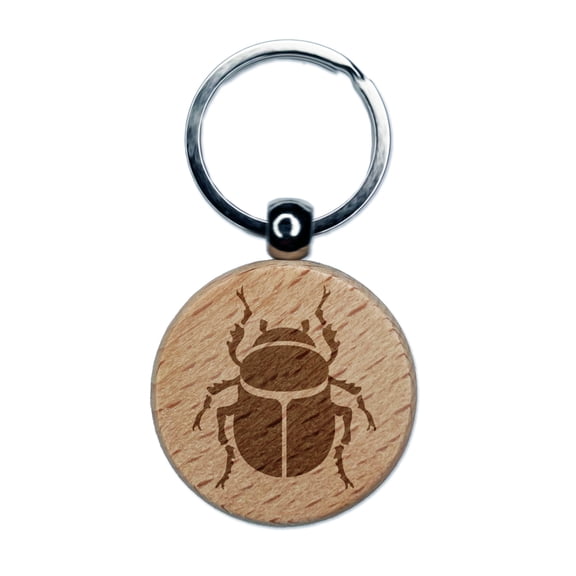 Scarab Beetle Insect Bug Round Keychain Charm Tag - Engraved Wood