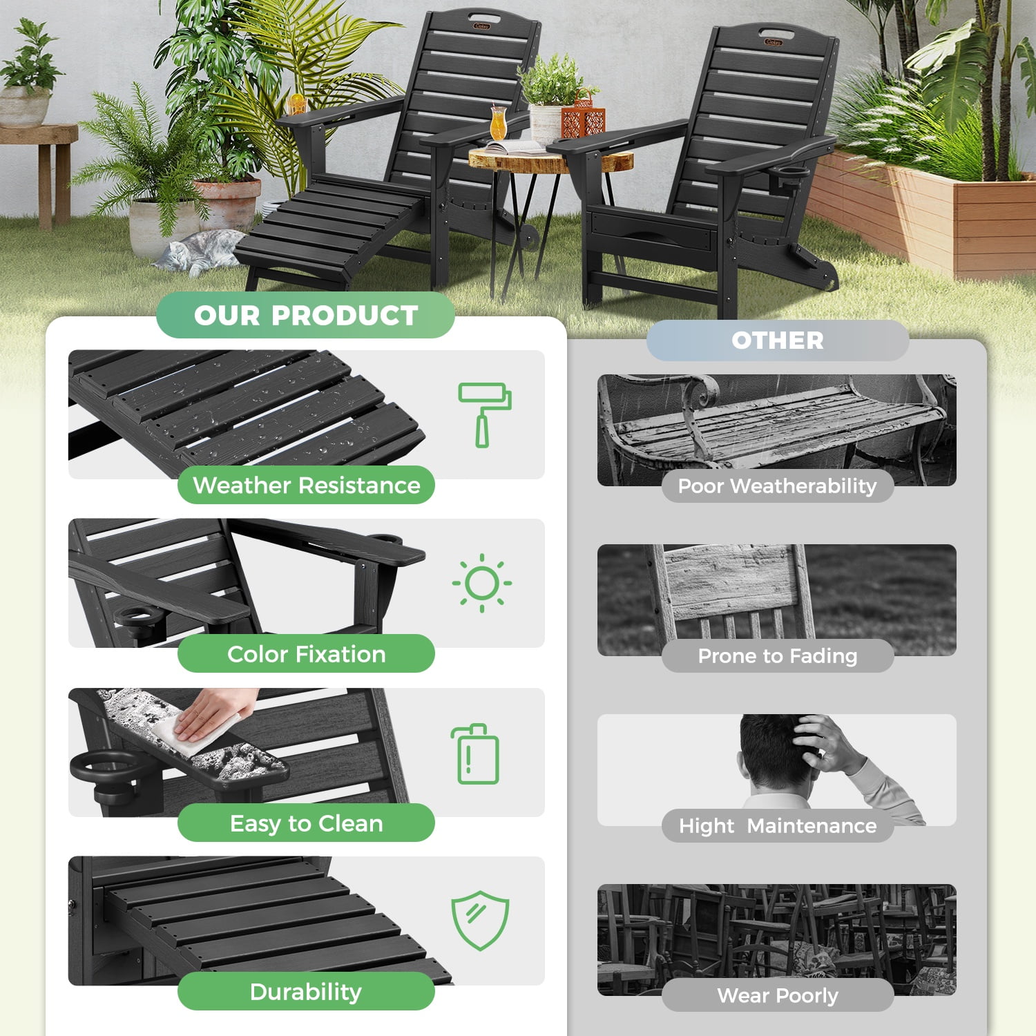Ciokea Folding Adirondack Chair with Ottoman Set of 2 HDPE Outdoor Chair Pull Out Footrest 2 Cup Holders Patio Garden Black