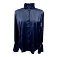 thumbnail image 4 of Women's Satin Button Down Shirt, Long Sleeve Bell Sleeve Blouse, Elegant Solid Color Collared Top for Wrinkle Resistant Formal Office Wear and Daily Outfits Dark Blue L, 4 of 5