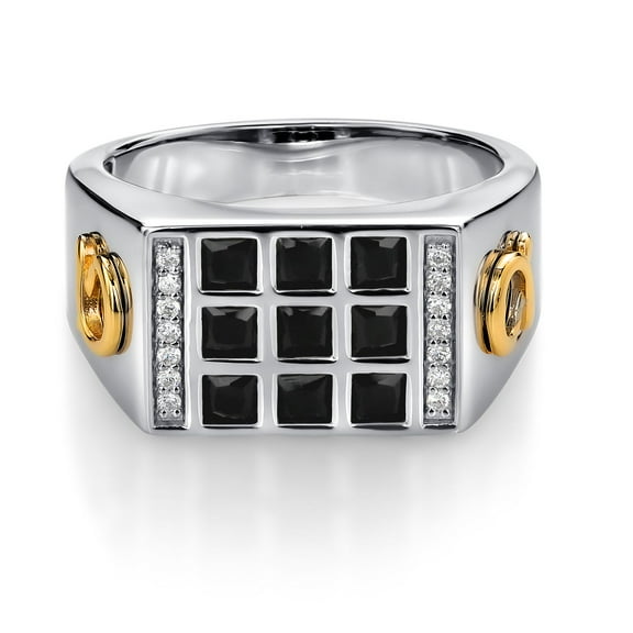 Gem Stone King Men's 925 Sterling Silver and 10K Yellow Gold Black Onyx and White Lab Grown Diamond Ring with Alpha Symbol (1.27 Cttw, Available in Sizes 7 to 13)