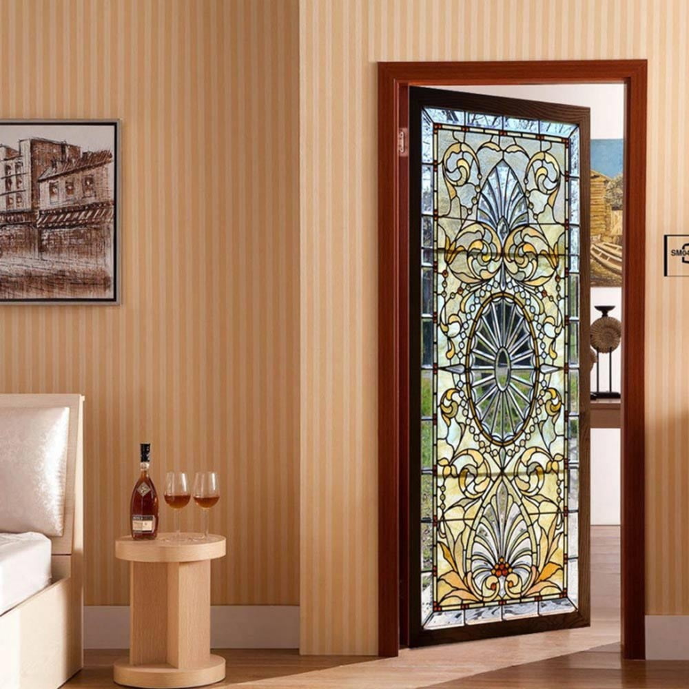 2Pc 3D Self-Adhesive Stained Glass Door Sticker Stained Glass Window Film Pvc Balcony Bathroom Privacy Vinyl Decals Murals Decor