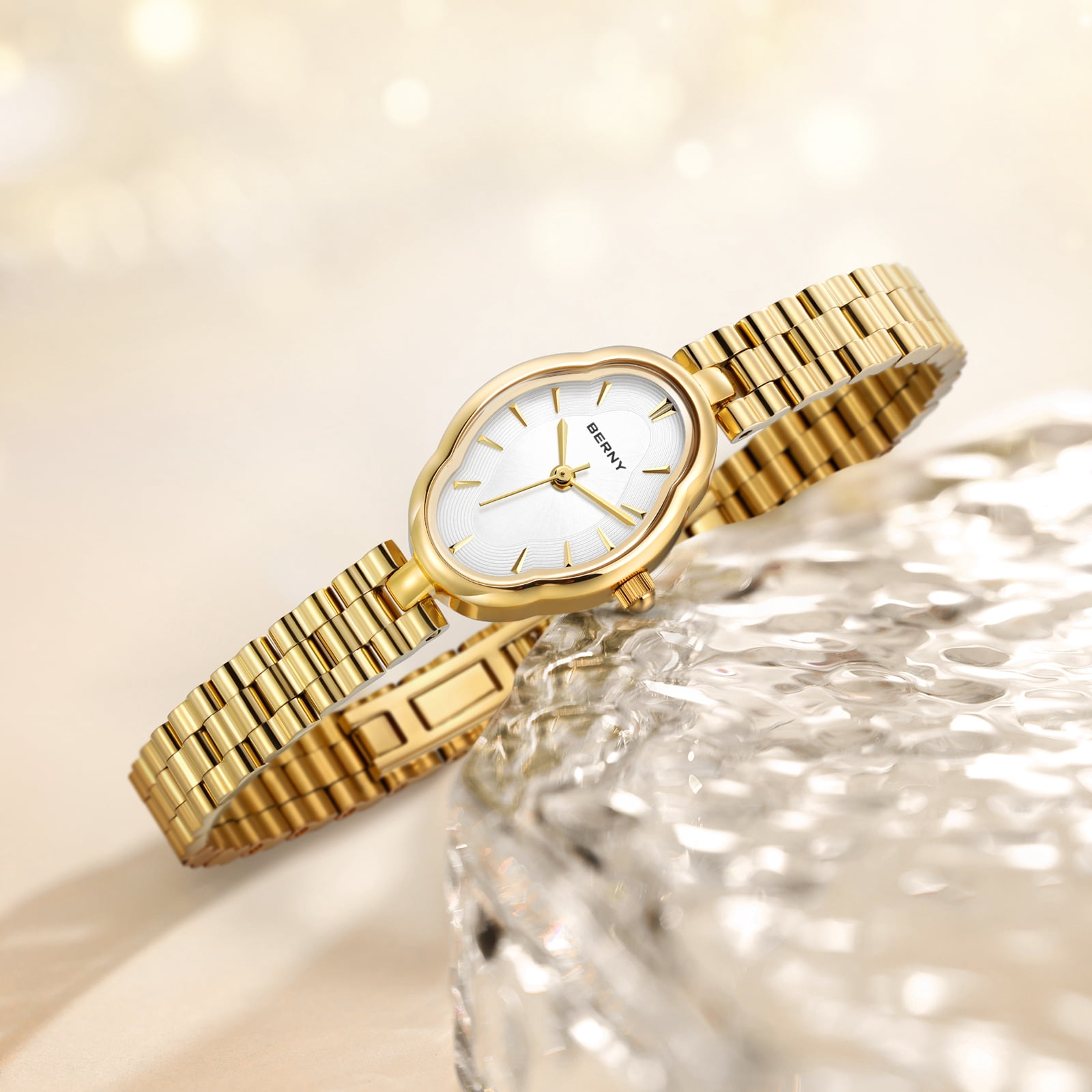 BERNY Small Gold Watches for Women Dainty Vintage Ladies Analog Quartz Bracelet Watch, Adjustment Tool Included Stainless Steel Waterproof, Fashion Luxury Womens Wrist Watches Gifts (White)