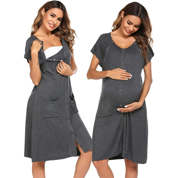 3 in 1 Nursing Dress Maternity Nightgown Labor/Delivery Breastfeeding Birthing  Gown with Button 