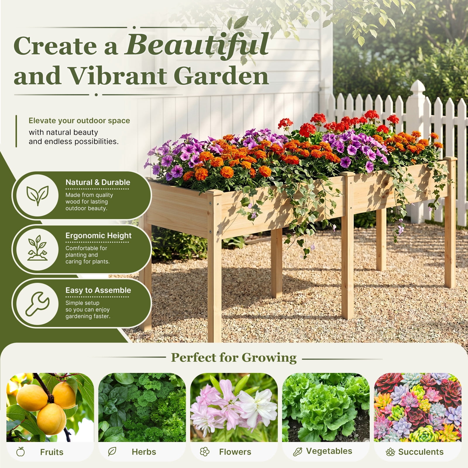 Wooden Raised Garden Bed with Legs, 72"L X 23"W X 30"H, Elevated Reinforced Large Planter Box for Vegetable Flower Herb Outdoors