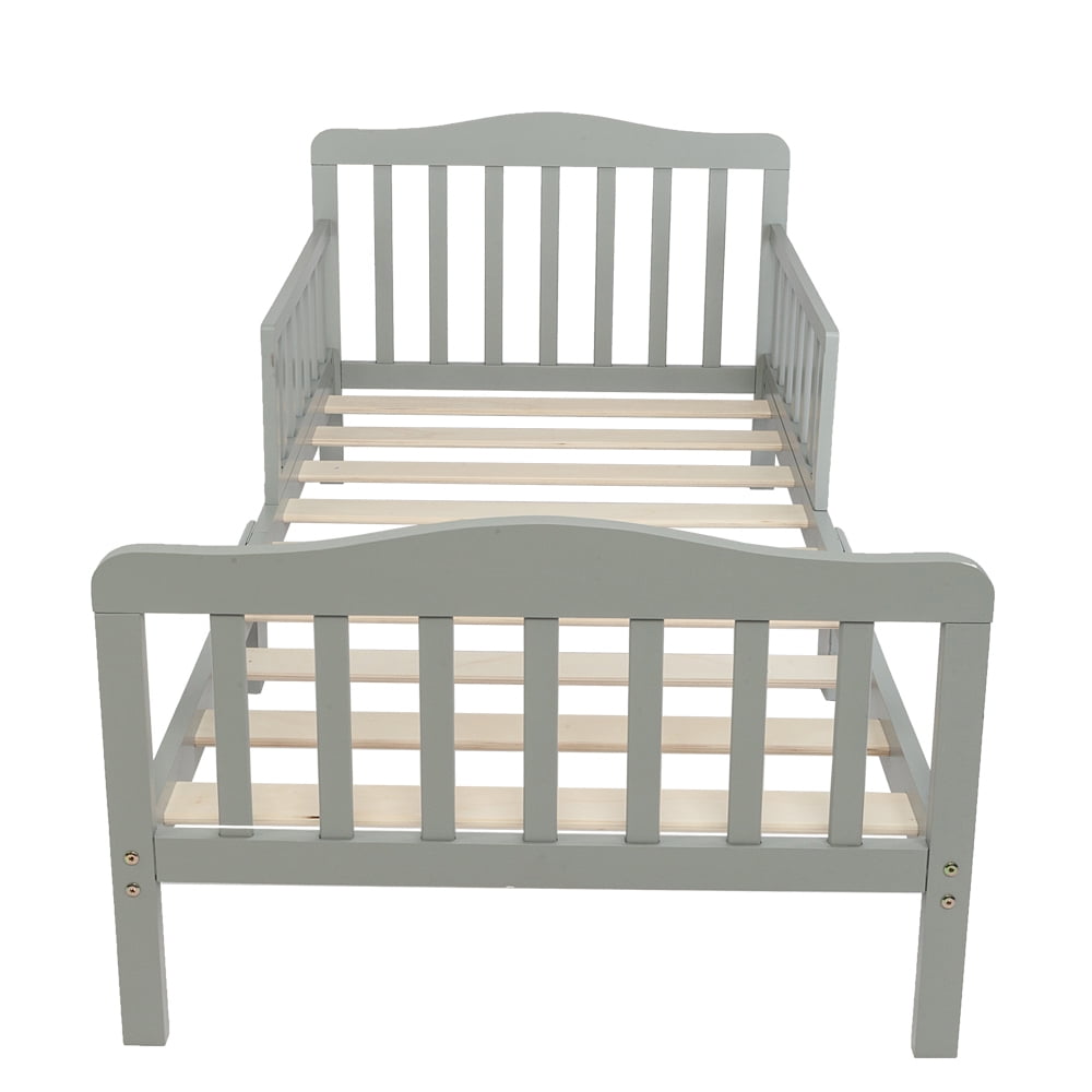 Lowestbest Wooden Toddler Bed, Children Bedroom Furniture with Safety Guardrails, Gray
