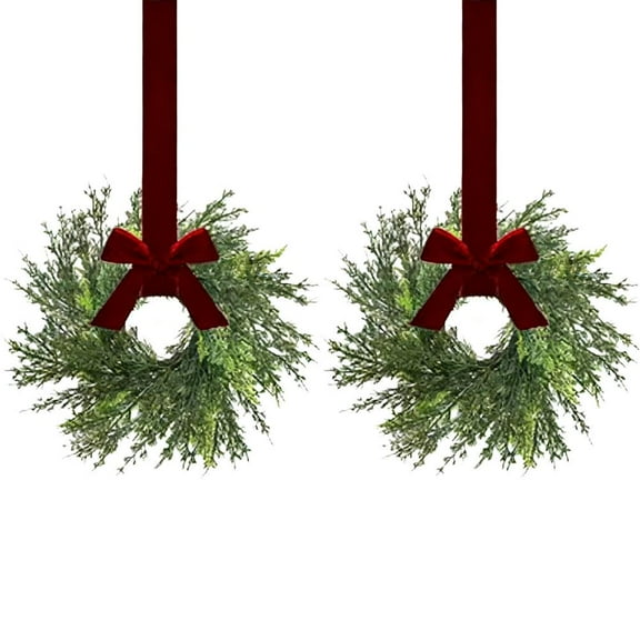 Mini Christmas Wreath,Artificial Greenery Norfolk Pine Wreaths with Red Ribbon,Small Christmas Wreath for Cabinets,Mini Wreaths Hanging Rings Xmas Decorations for Porch Window Wall Decor