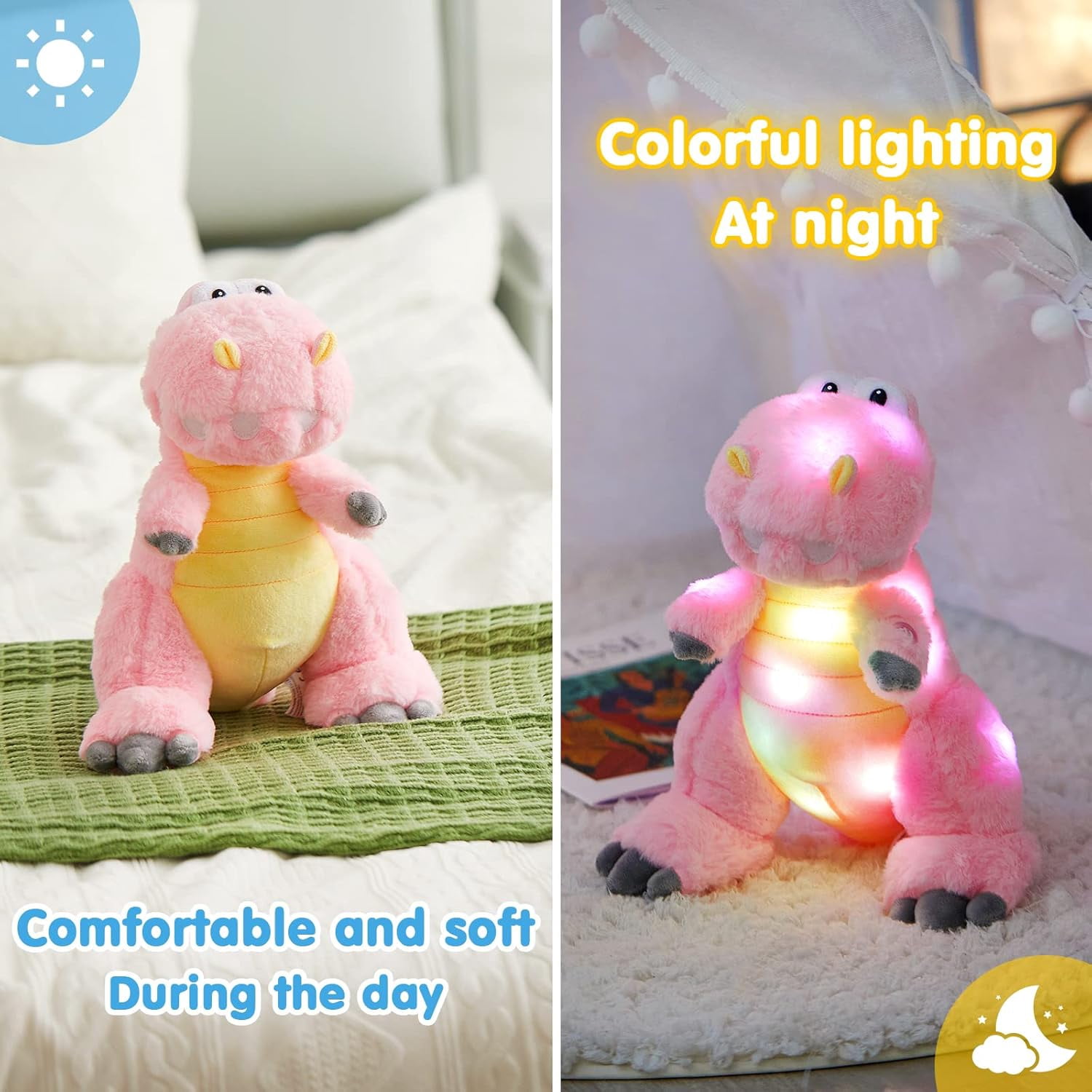 Houwsbaby 13'' Glowing LED T-Rex Dinosaur Light Up Stuffed Animal Soft Colorful Plush Toy Hugging Present for Kids Boys Girls Babies Accompany at Night Pet Decoration Holiday Birthday,Pink