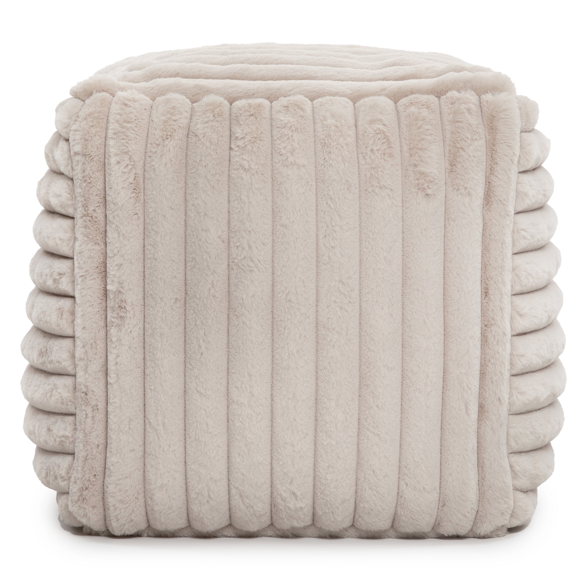 Gouchee Home Raya Cube Pouf Ottoman or Footrest, Beige, 16" x 16" x 16", Faux Fur Cover, Polystyrene Bead Filling