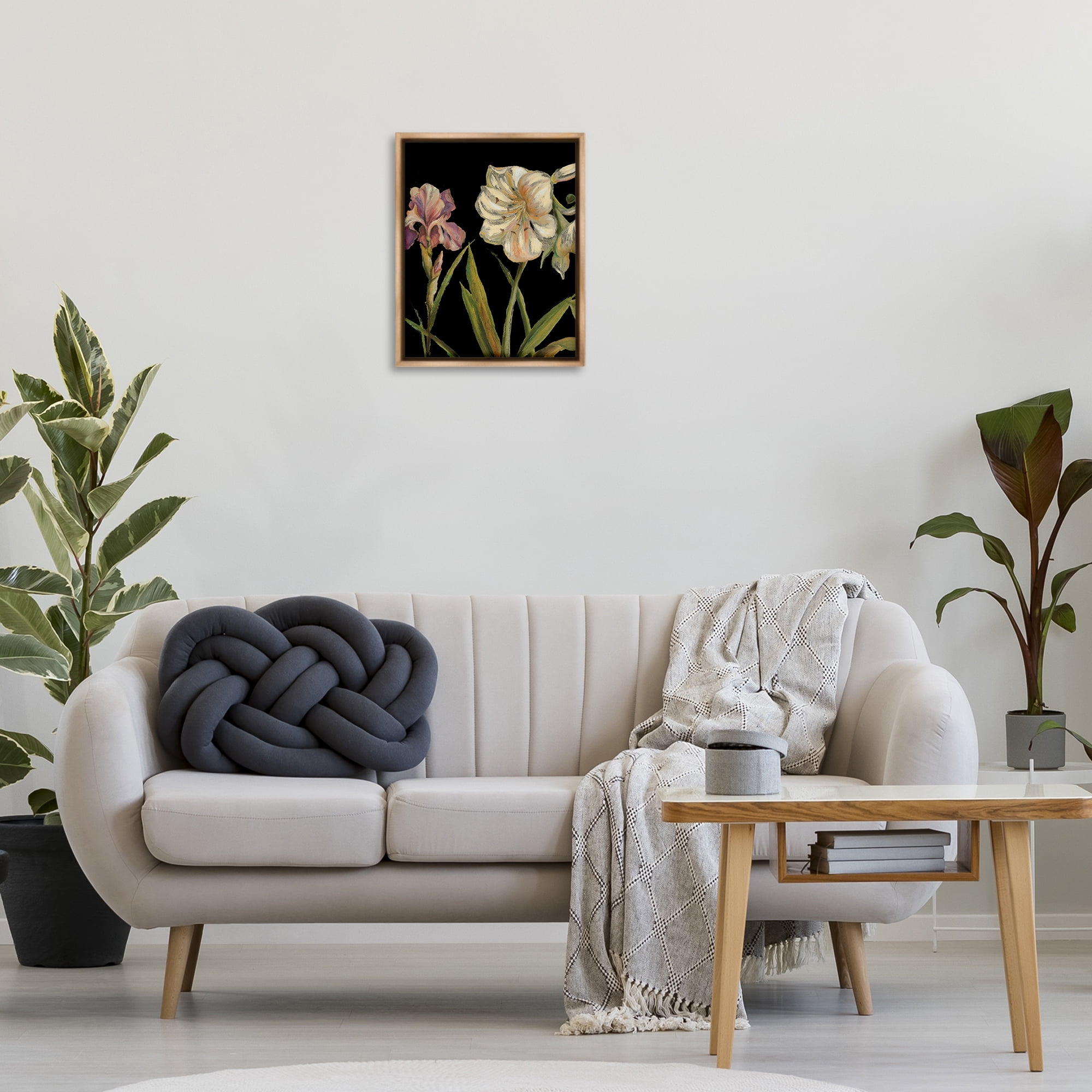 Stupell Industries Iris Flowers on Black Botanical & Floral Painting Brown Floater Framed Canvas Art Print Wall Art, 17 x 21