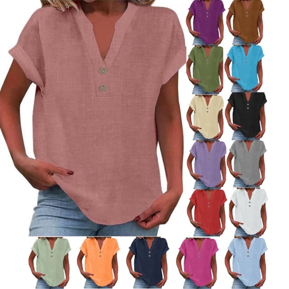 HAiming Cotton Linen Shirts for Women Summer Casual Cap Sleeve Button V Neck Tops Comfy Loose Solid Work Plain Blouses
