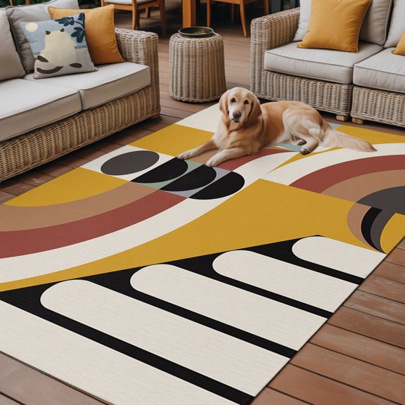 Outdoor Rug, Mid Century Abstract Geometric Irregular Indoor Area Rug Outdoor Carpet RV Camping Rugs 6x9ft Retro Color Block Stripe Outside Mat for Patio Picnic Porch Deck Balcony Backyard