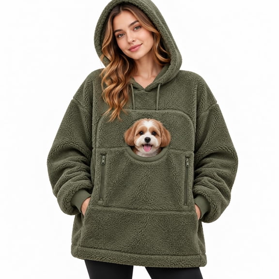 Sweatshirt with Dog Pouch, Thick Fleece Pet Carrier Hoodie with Front Pouch for Small Dogs & Cats, Cozy Pullover