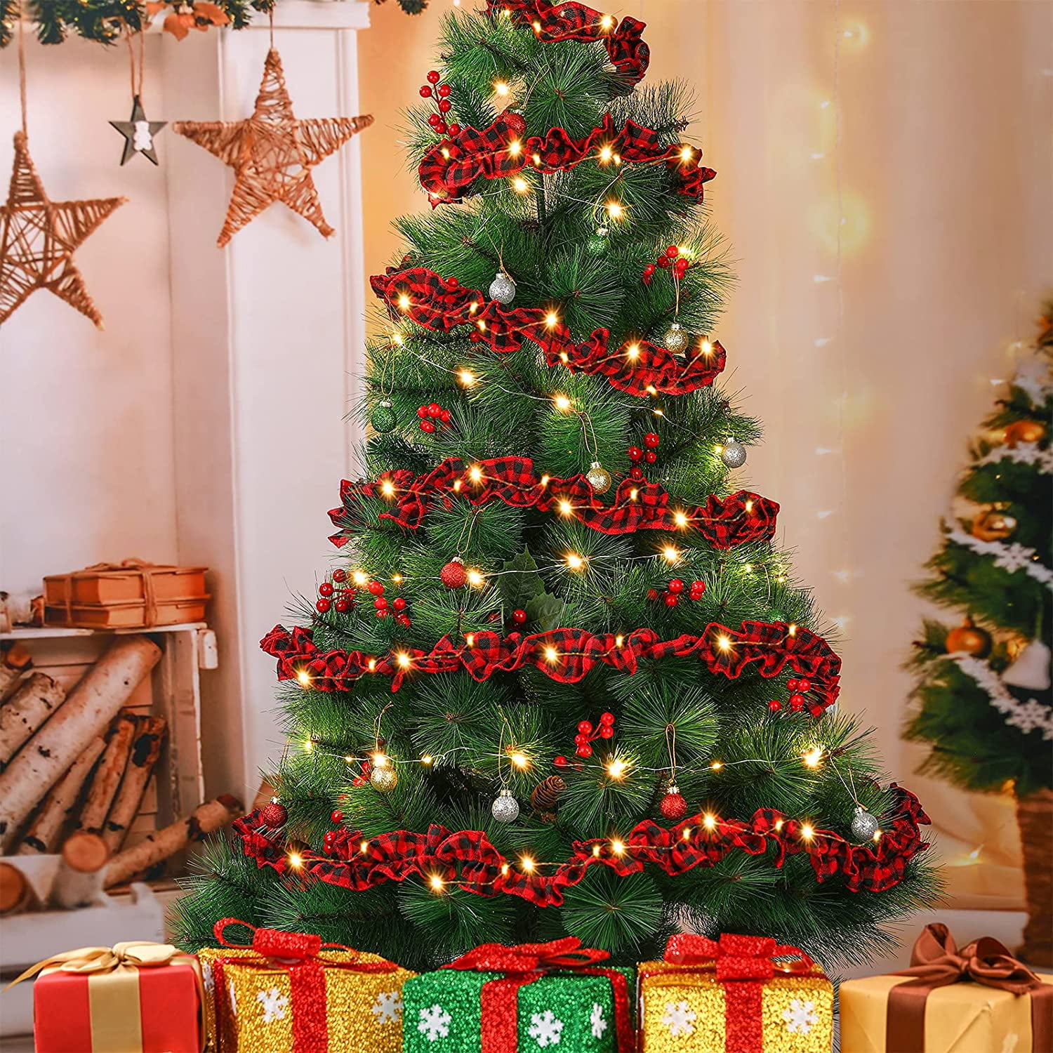 27 Feet Christmas Tree Buffalo Plaid Garland with Led Lights, Plaid Red and Black Buffalo Check Fabric Tree Ribbon Garland Farmhouse Home Country Xmas Holiday Decor