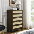 thumbnail image 3 of Vastcury Modern Wooden Dresser with 5 Rattan Drawers, Chest of Drawers with Spacious Storage for Bedroom, Living Room, Walnut, 3 of 10