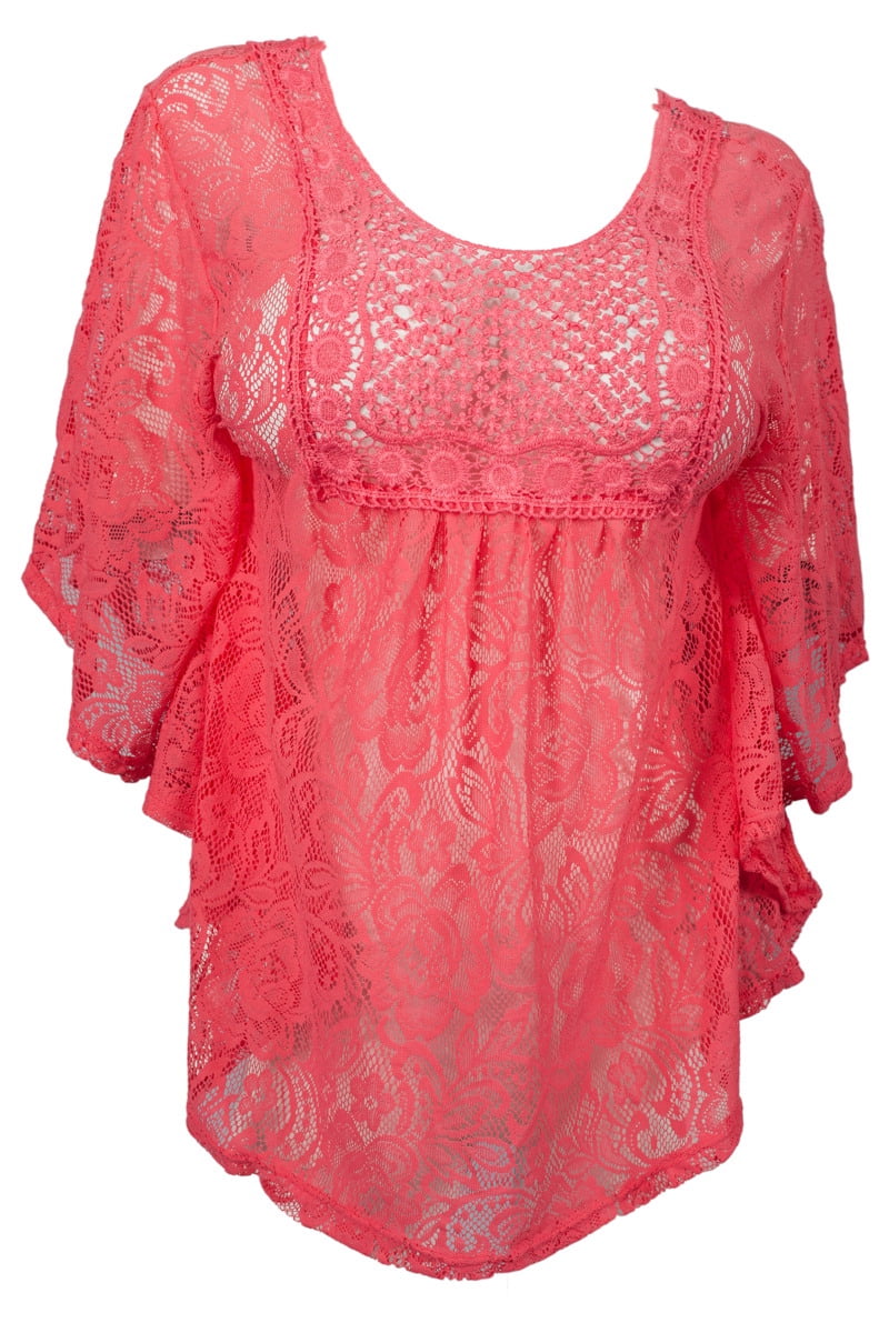 eVogues Plus Size Sheer Crochet Floral Lace Poncho Top Pink