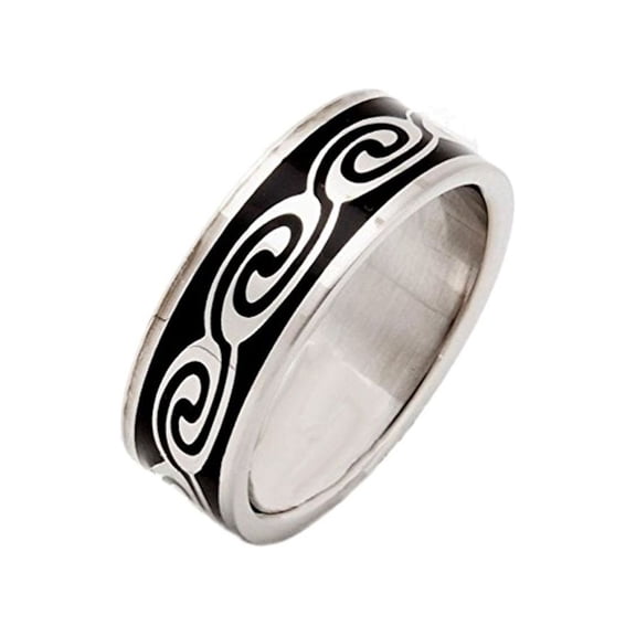 316L Surgical Grade Stainless Steel Ring Black Swirl Design 8mm Wide Sizes 7 - 13