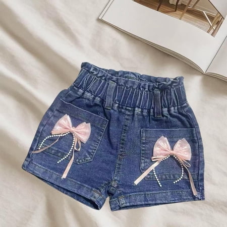 Girls Denim Shorts High Waisted Elastic Waist with Pink Bow Back Pocket Kids Kids Summer Play Shorts Blue Size 5-6T