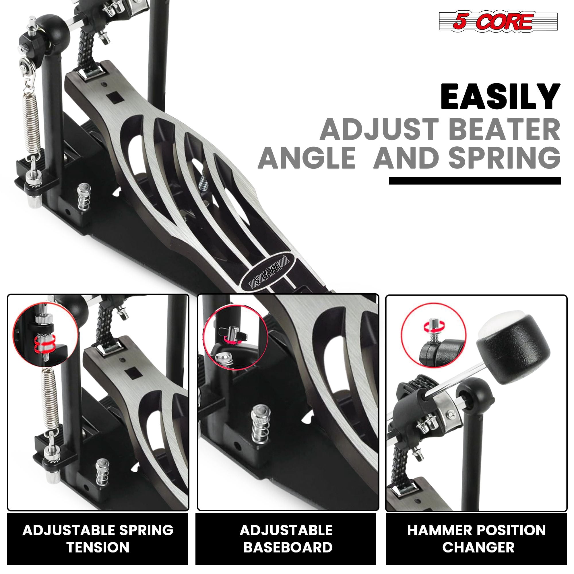 5 Core Bass Drum Pedal Mount Adjustable Felt Beater Head Single Chain Heavyduty Kick Drum Foot Pedal