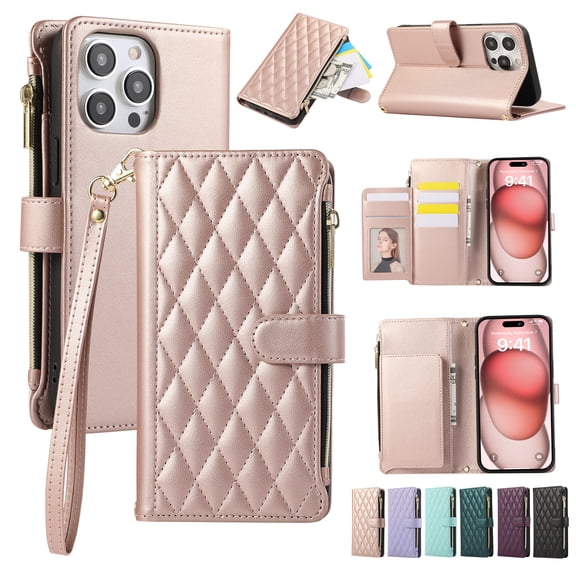 Allytechgroup Stylish iPhone 16 Pro Max Case Wallet with Card Slots and Zipper Pocket, Hand Wrist Crossbody Strap RFID Blocking Girls Women Phone Case for Apple iPhone 16 Pro Max, Rosegold