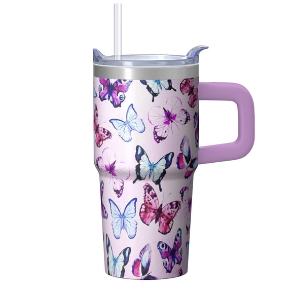 Butterfly Gifts for Girls 20OZ Insulated Purple Coffee Tumbler with Handle Stainless Steel Travel Mug Ideal for Women on Birthday Christmas Commute Use