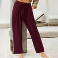 thumbnail image 2 of Summer Pants for Women Cotton Linen Elastic Drawstring Loung Pants Soild Color Wide Legs Beach Trousers with Pockets, 2 of 6