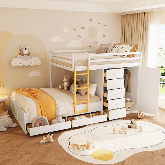 Full Over Full Size Bunk Bed Frame with 2 Storage Large Drawers & 5 Small Drawers, Modern Storage Design MDF & Solid Wood Bunk Bed with Small Wardrobe and Ladder for Bedroom, Apartment, White