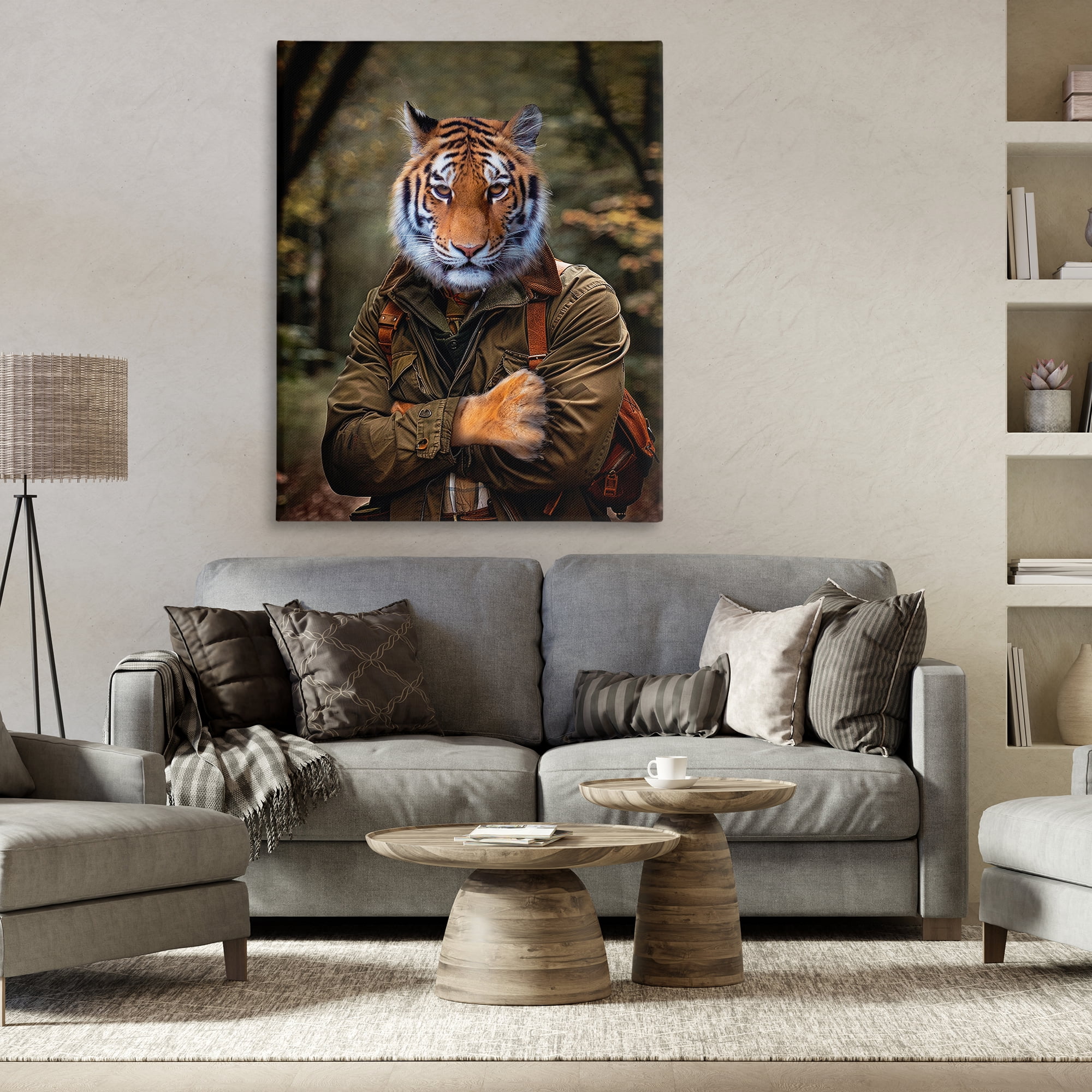 Stupell Industries Tiger in Hiking Attire Animals & Insects Painting Gallery Wrapped Canvas Art Print Wall Art, 36 x 48